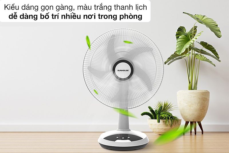 Quạt sạc điện Sunhouse SHD7223 sở hữu màu trắng đẹp, thiết kế gọn nhẹ